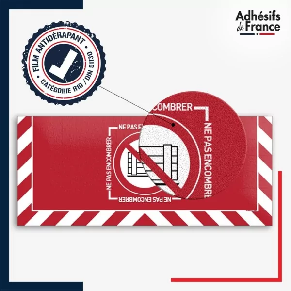 Adhésif sol antidérapant certifié indice R10 / DIN 51130 avec visuel pictogramme Ne pas encombrer