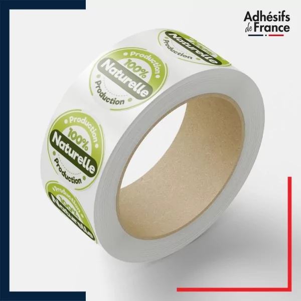 Rouleau d'étiquettes origine - Production 100% naturelle - Motif vert et blanc
