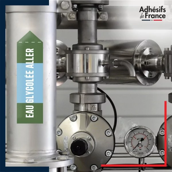 Marqueur tuyauterie norme française NFX eau - adhésif laminé colle forte - Eau glycolée aller