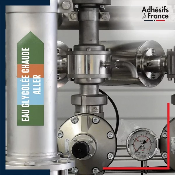 Marqueur tuyauterie norme française NFX eau - adhésif laminé colle forte - Eau glycolée chaude aller