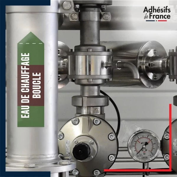 Marqueur tuyauterie norme française NFX eau - adhésif laminé colle forte - Eau de chauffage boucle